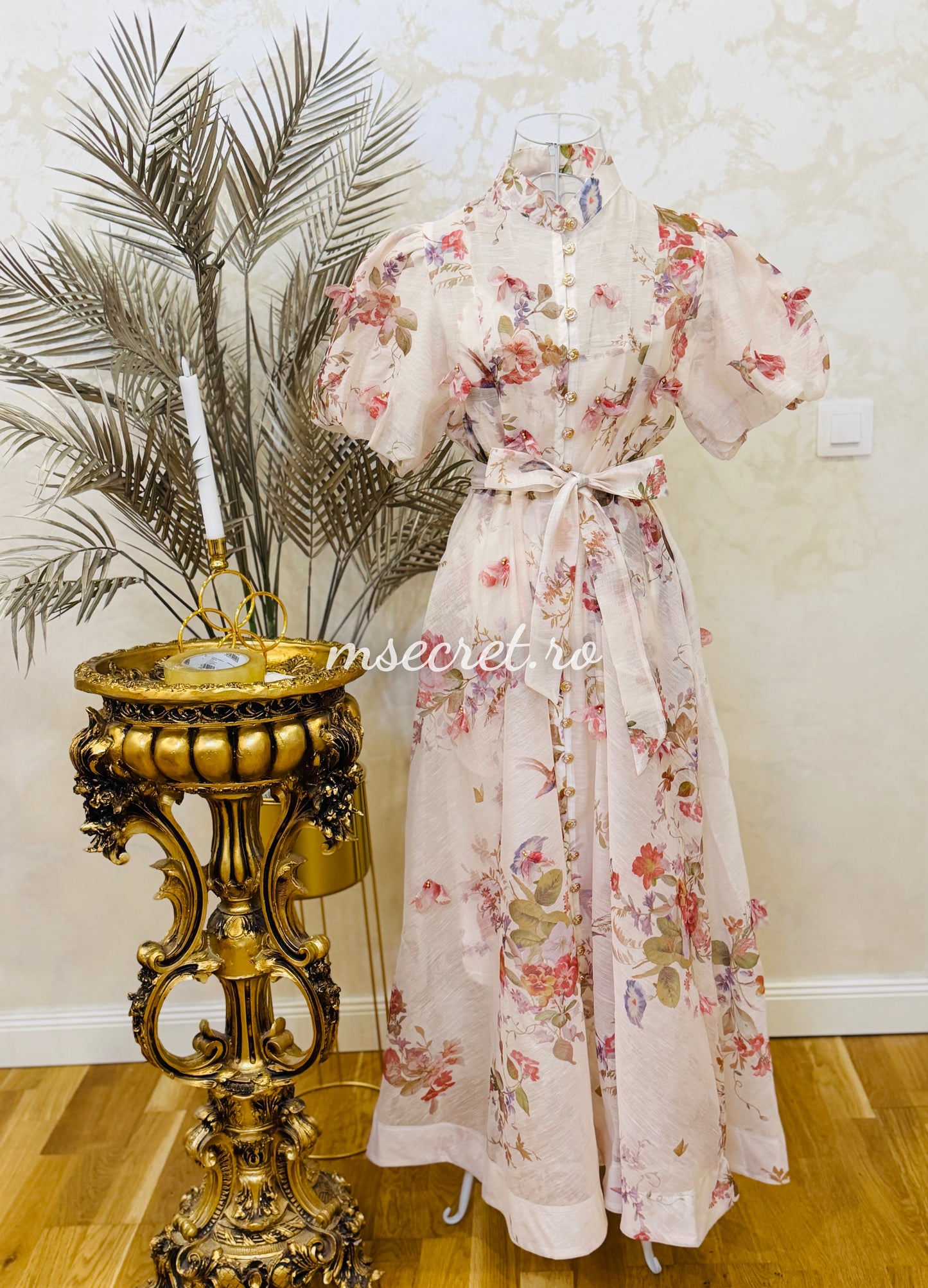 Rochie eleganta din in cu imprimeu floral romantic
