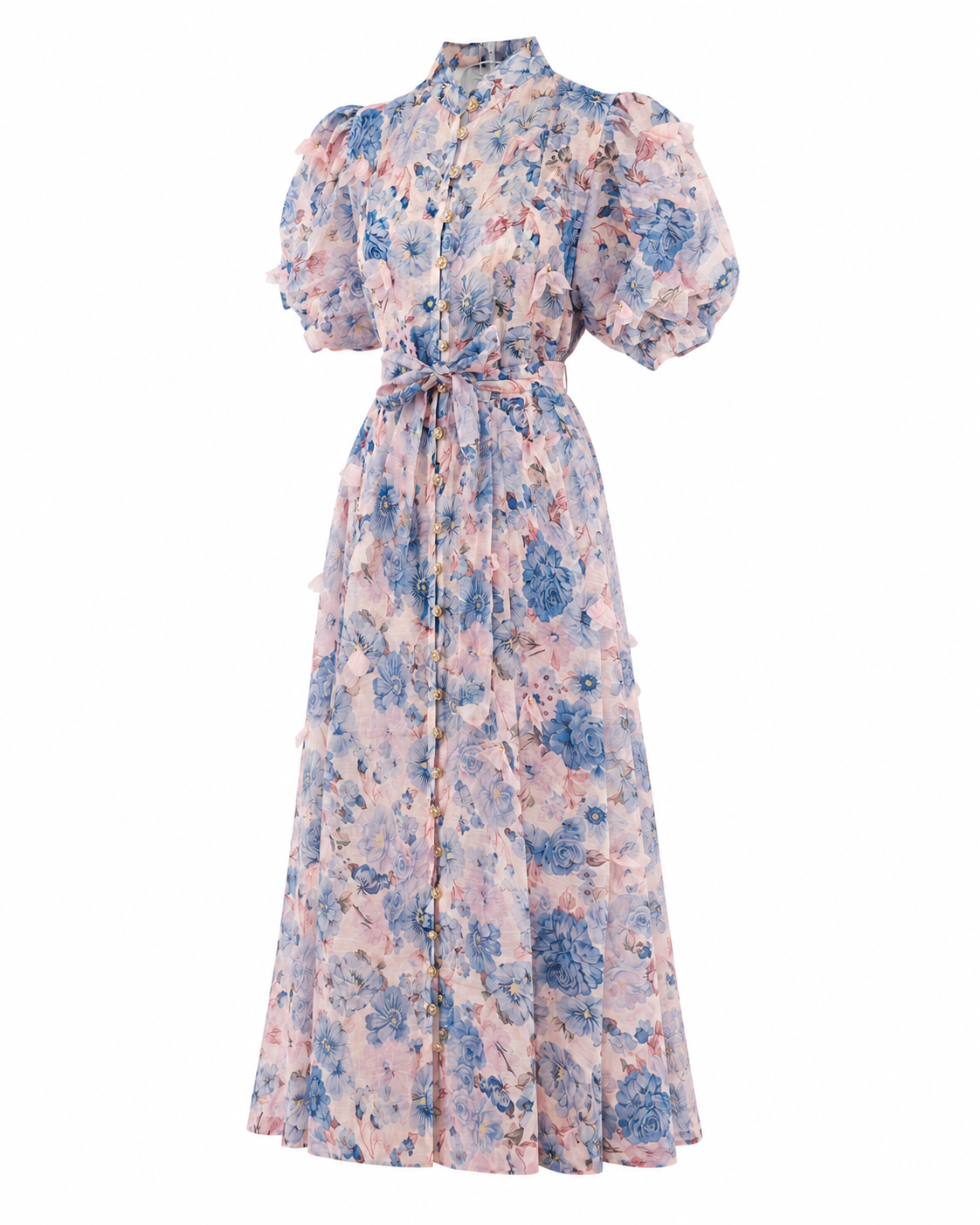 Rochie lungă roz din in cu imprimeu floral și aplicații 3D