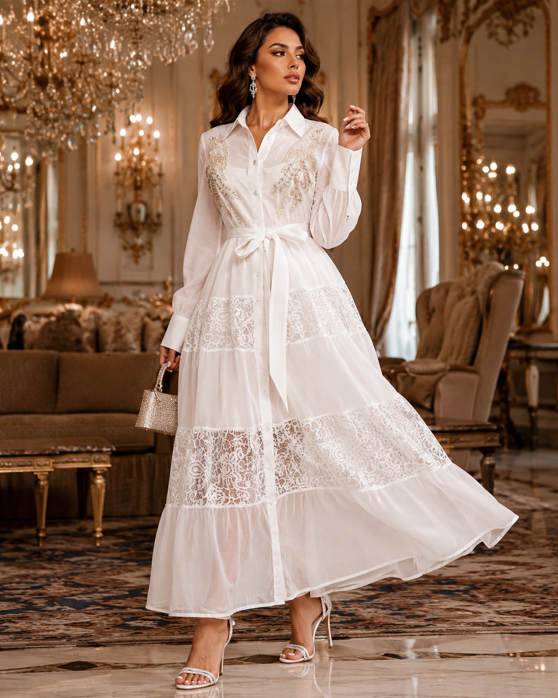 Rochie alba midi cu perle