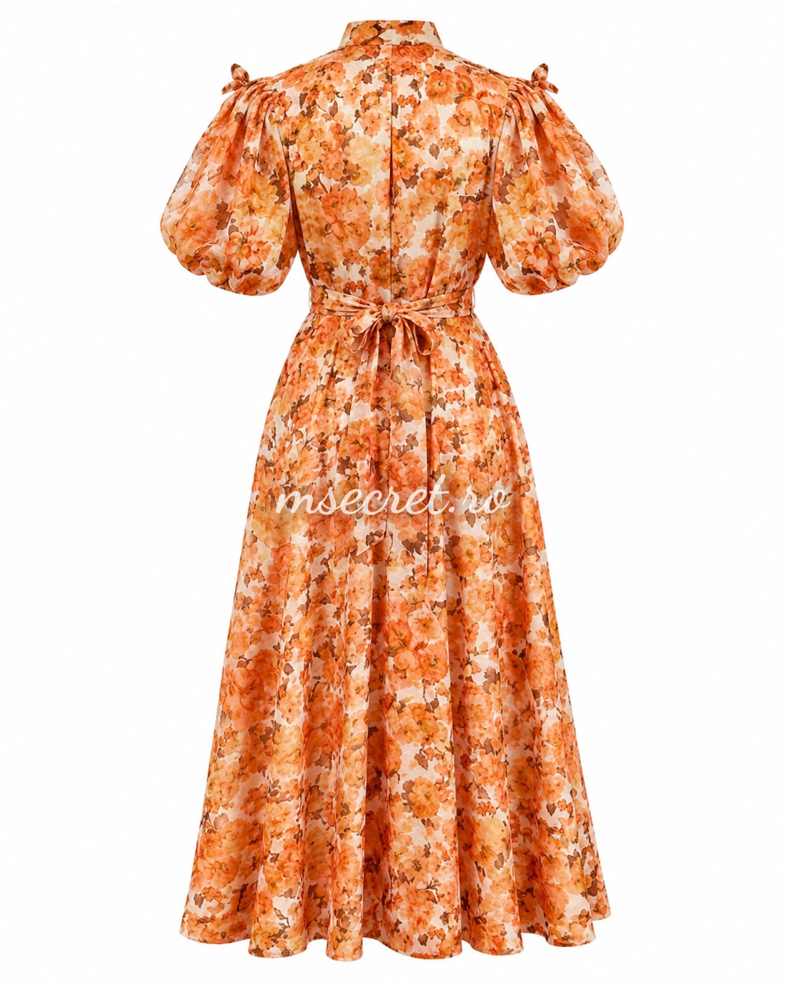 Rochie din in cu imprimeu floral orange si maneci bufante