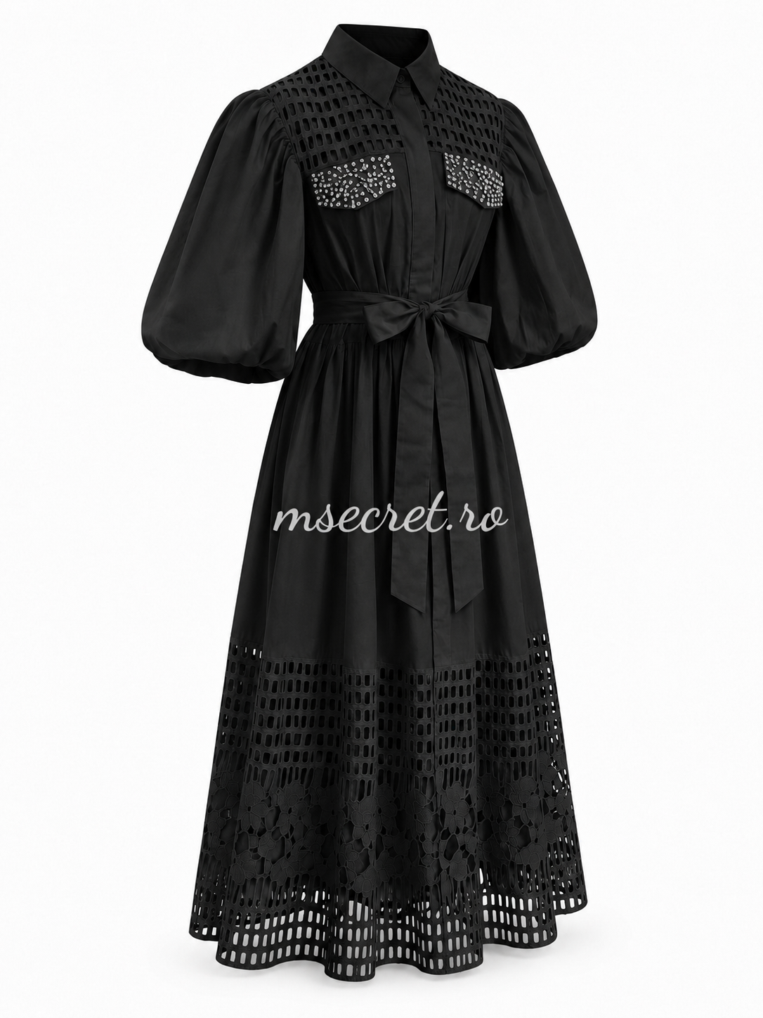 Rochie neagra cu broderie perforata si aplicatii stralucitoare