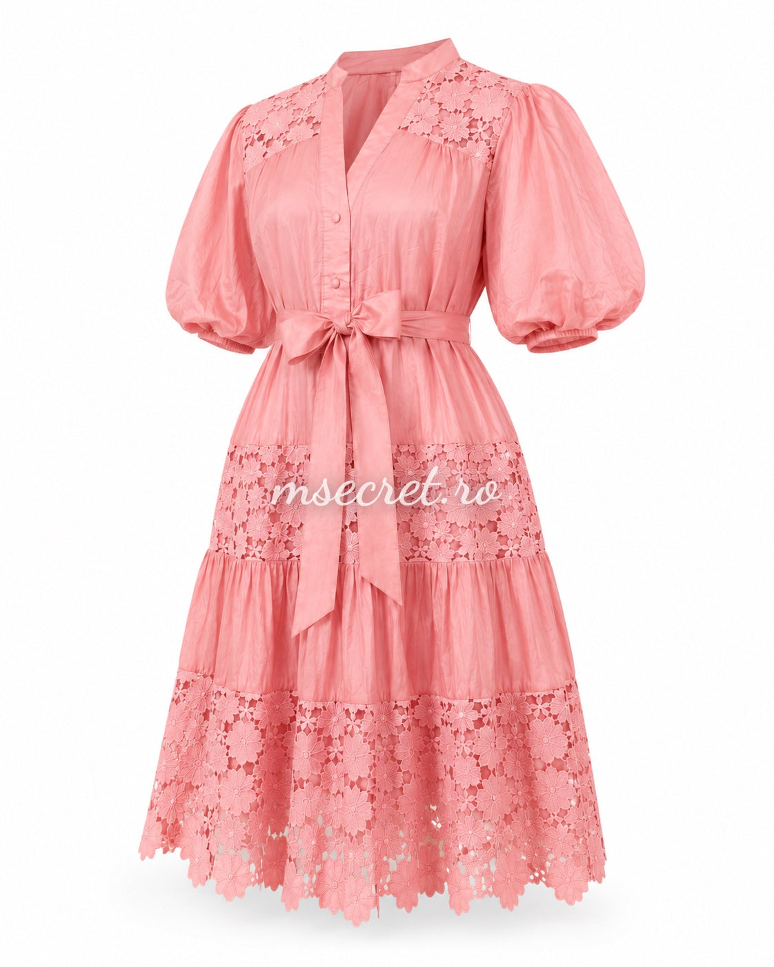 Rochie roz cu maneci bufante si broderie florala