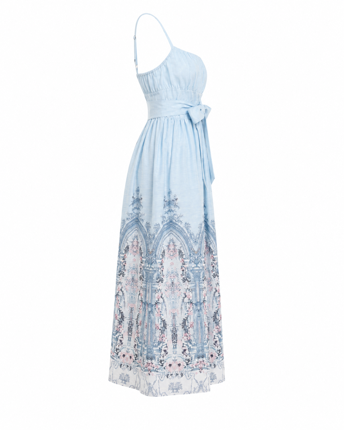 Rochie din in bleu cu imprimeu decorativ si cordon in talie