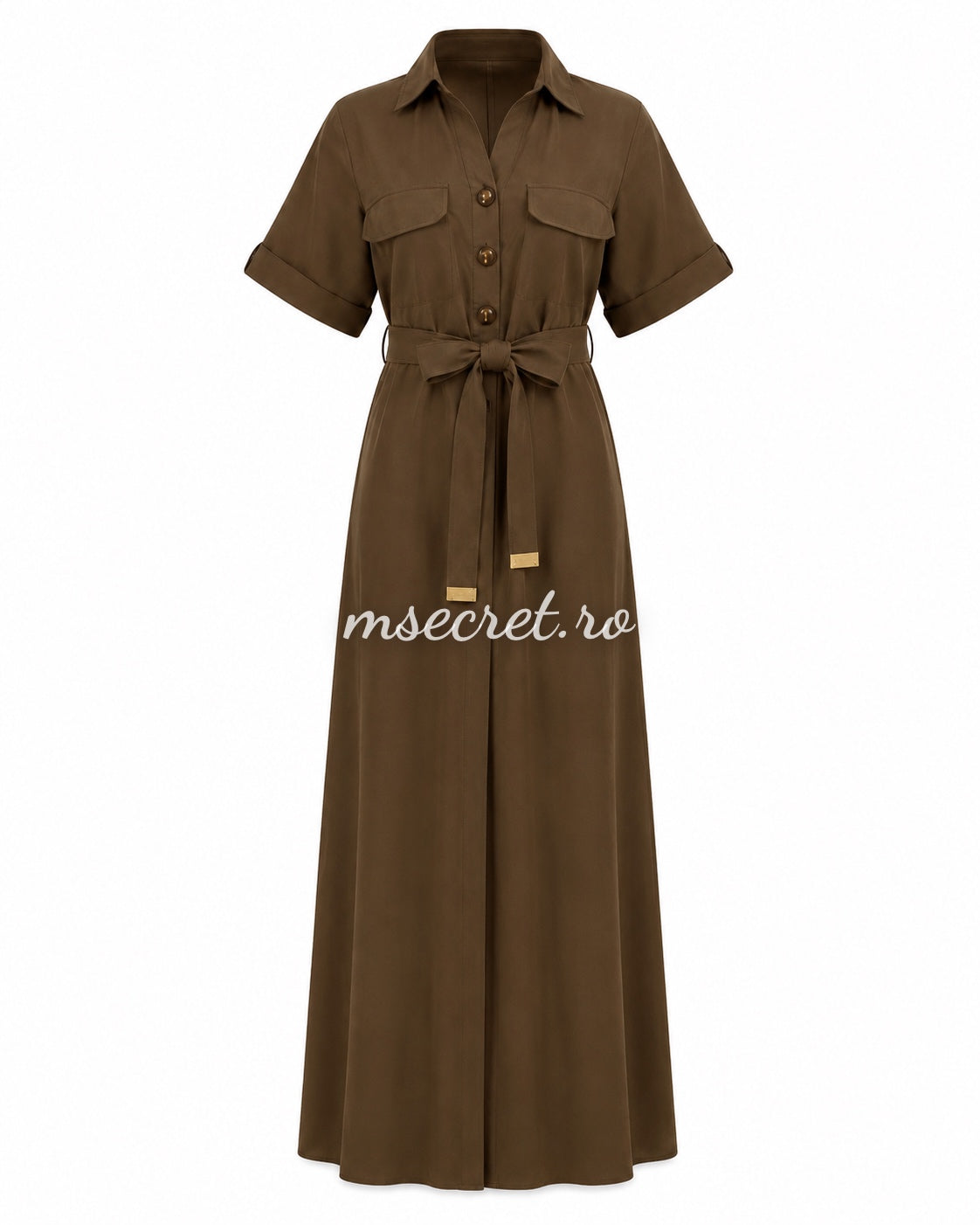 Rochie maro din in cu cordon in talie