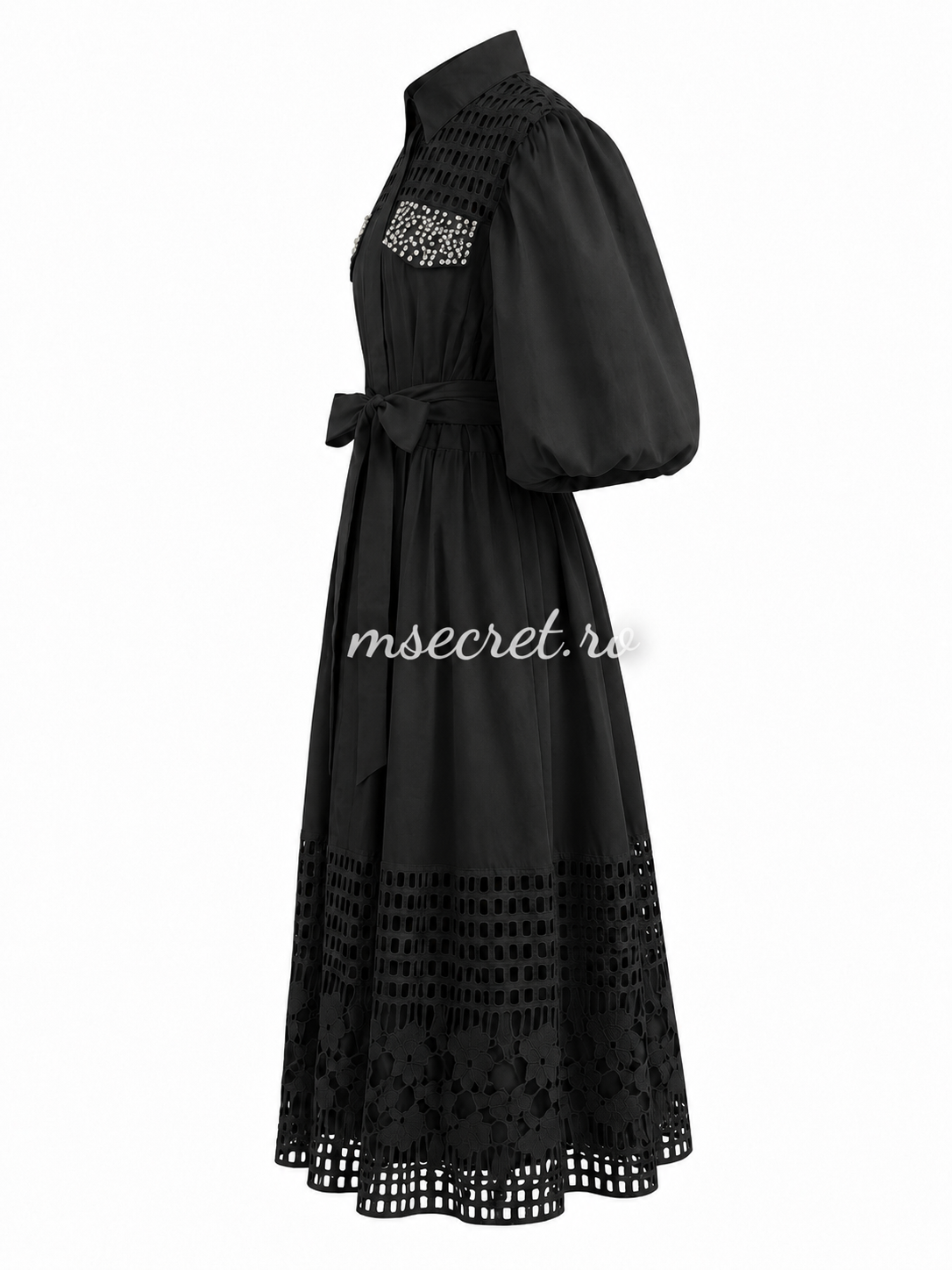 Rochie neagra cu broderie perforata si aplicatii stralucitoare