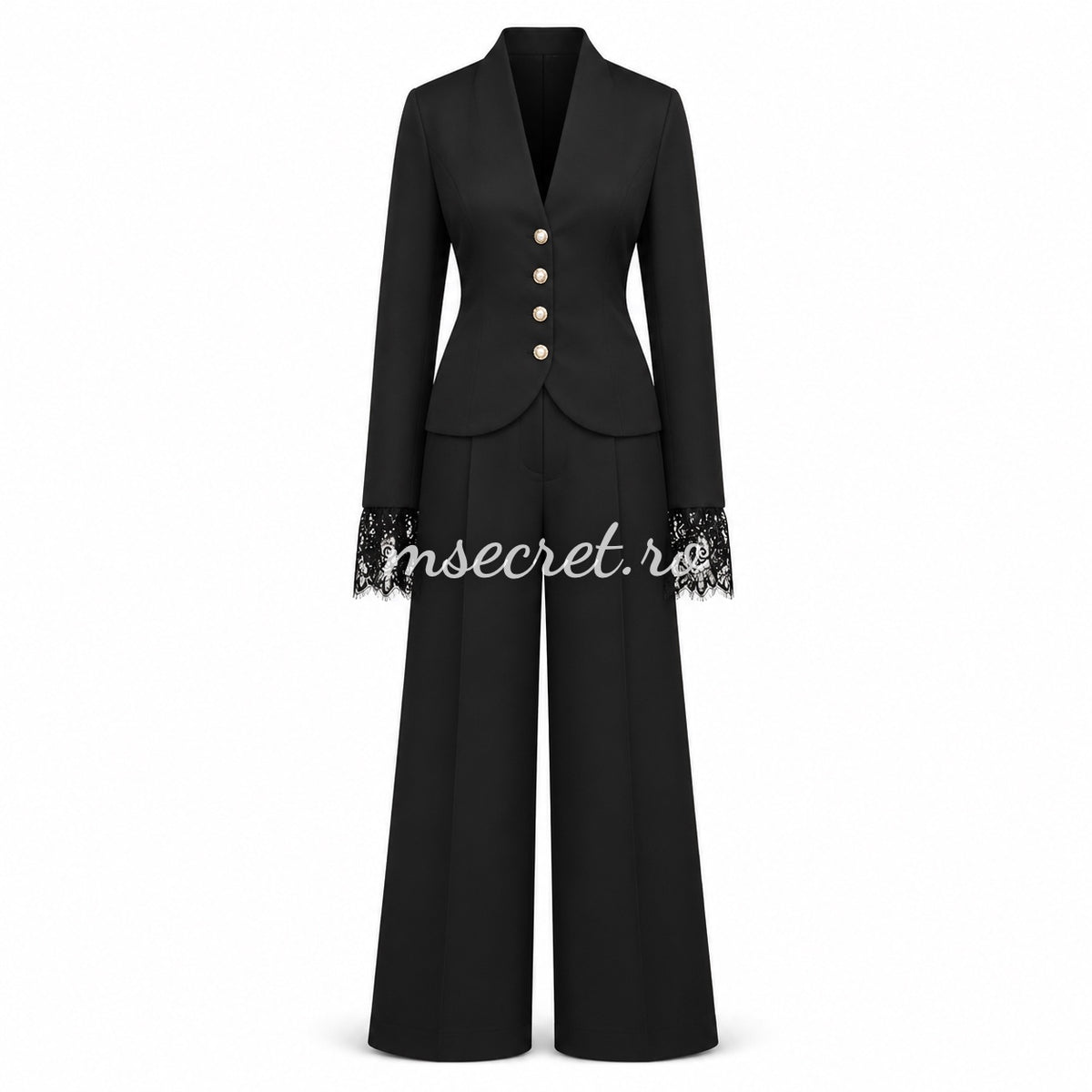 Compleu elegant negru cu sacou si pantaloni largi din dantela
