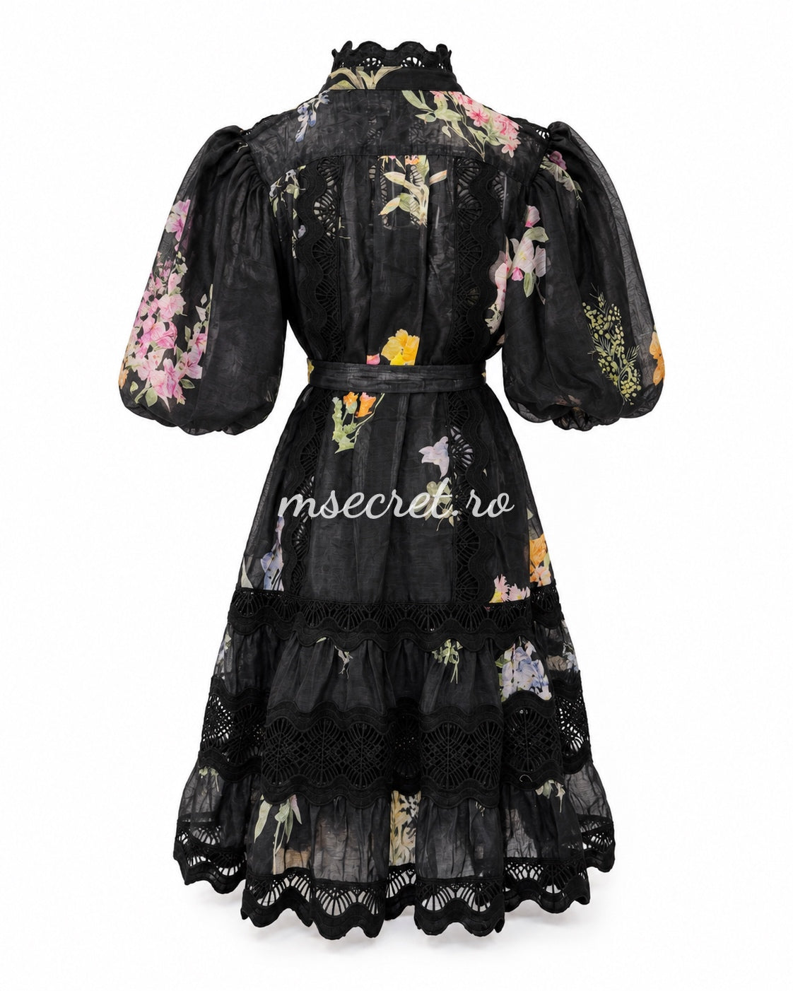 Black linen dress with floral print and decorative embroidery