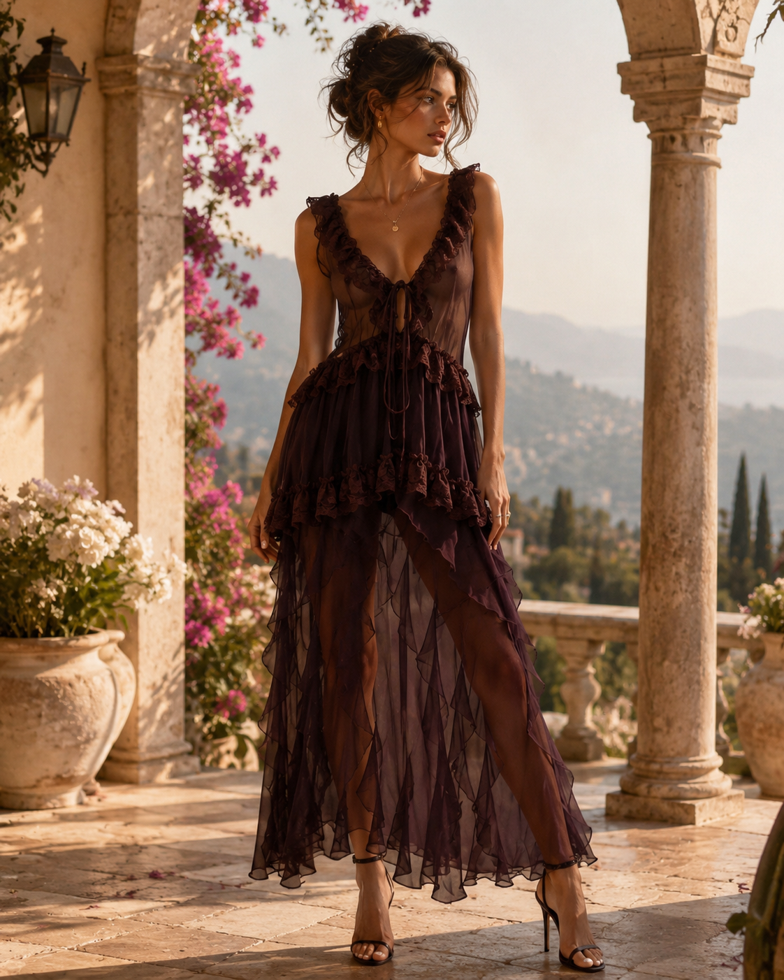 Rochie maro cu volane si design transparent