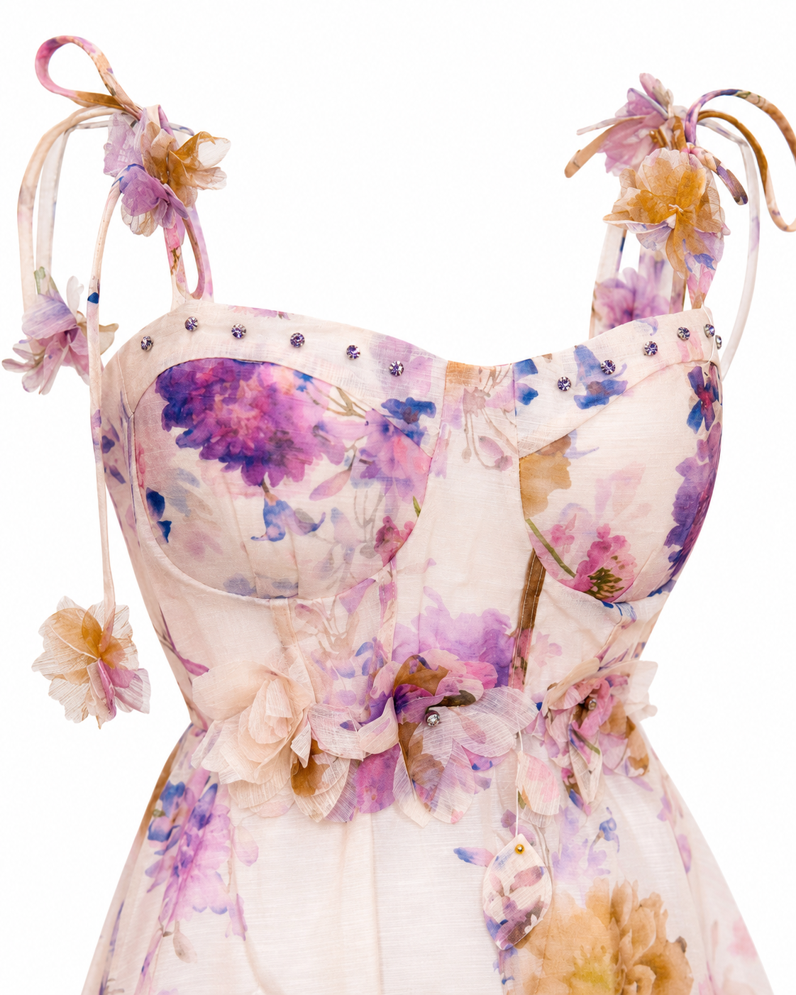 Rochie lunga florală din in cu corset și bretele reglabile
