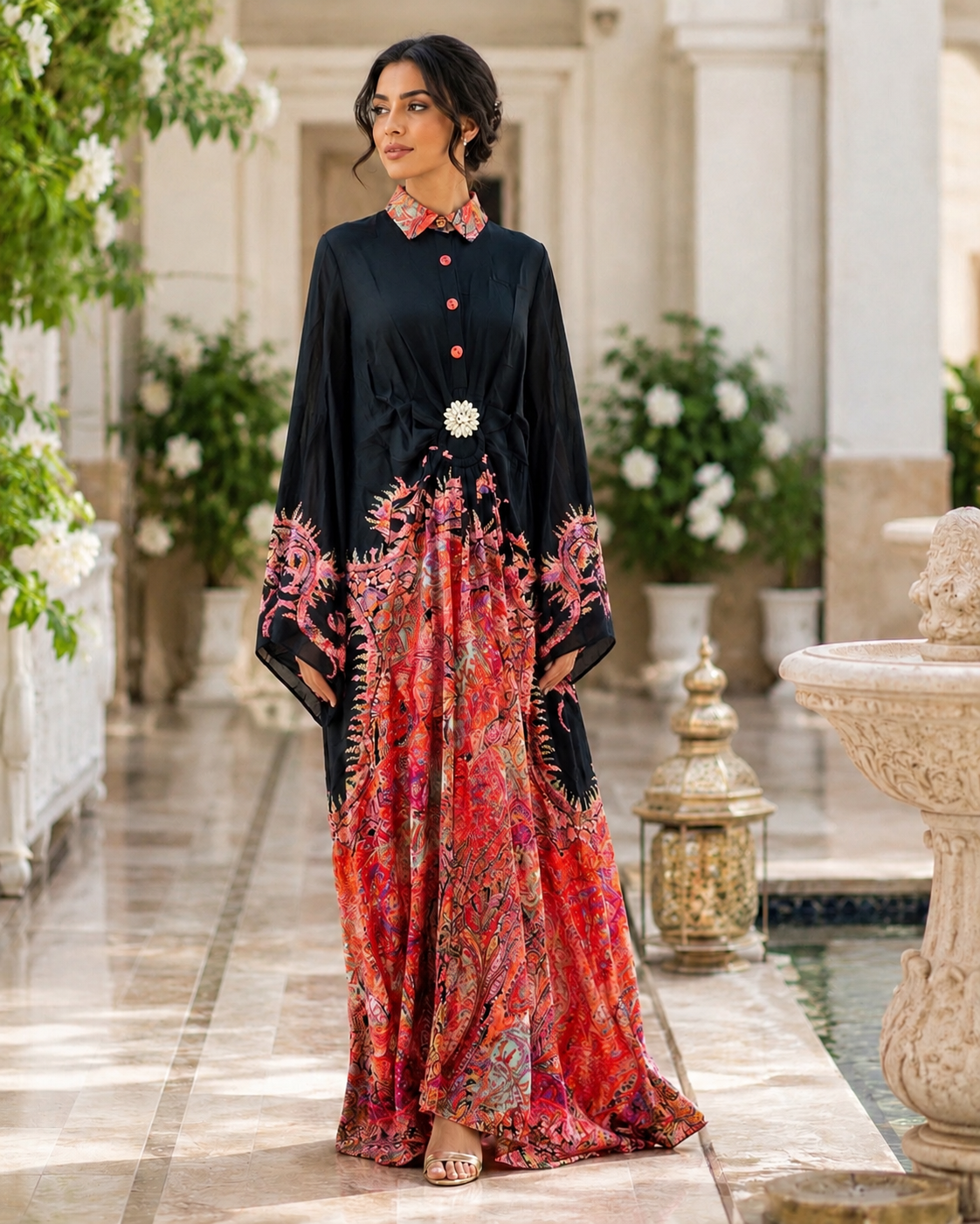 Rochie vaporoasa cu imprimeu paisley si croi tip kaftan