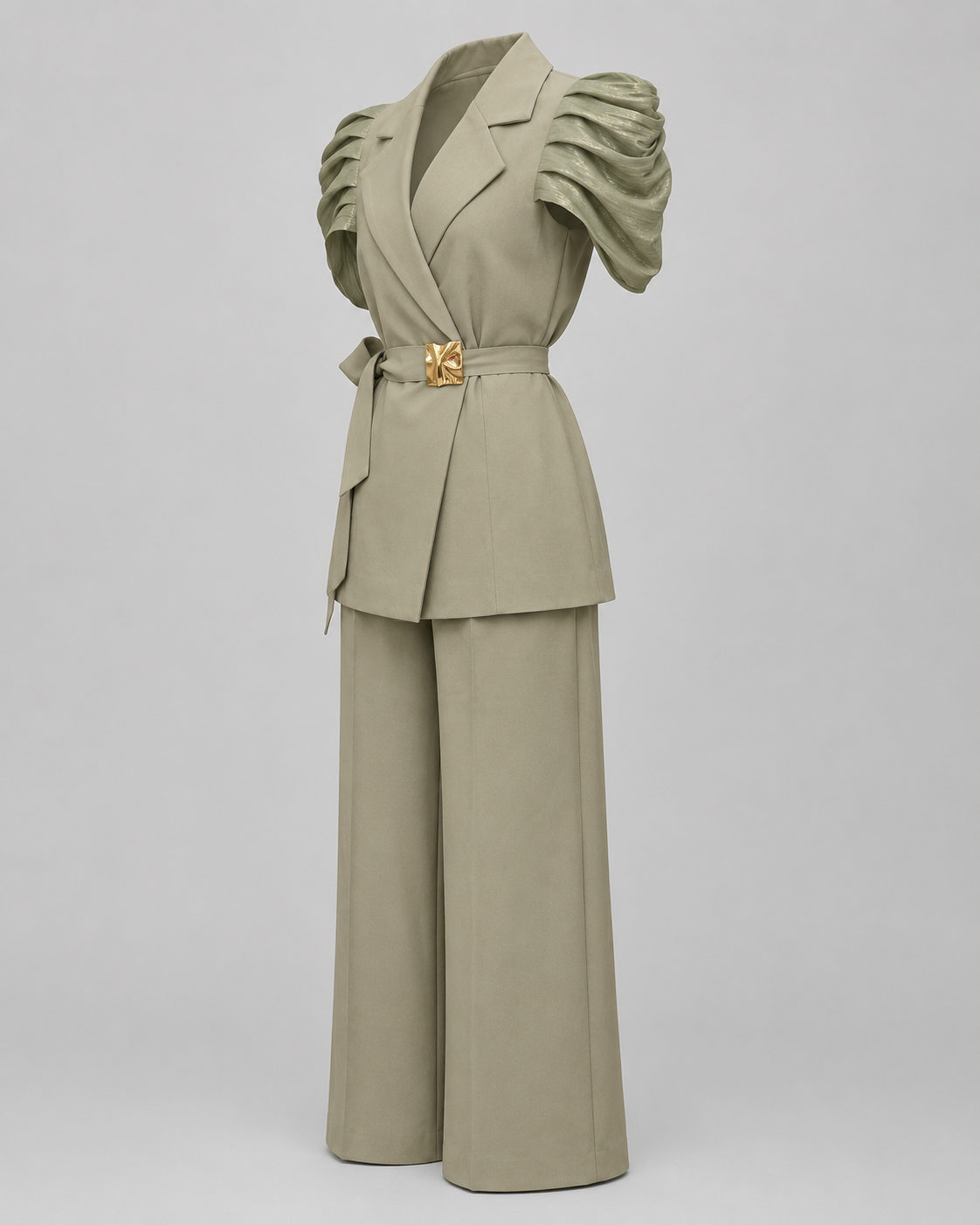 Olive green set with wrap vest and palazzo pants