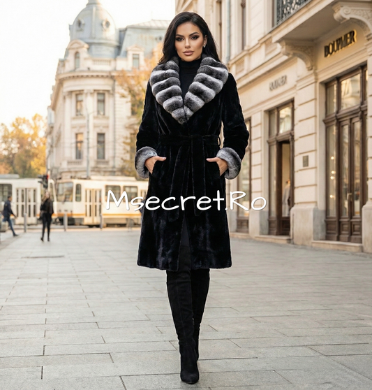 Alcantara fur coat with chinchilla collar and cuffs