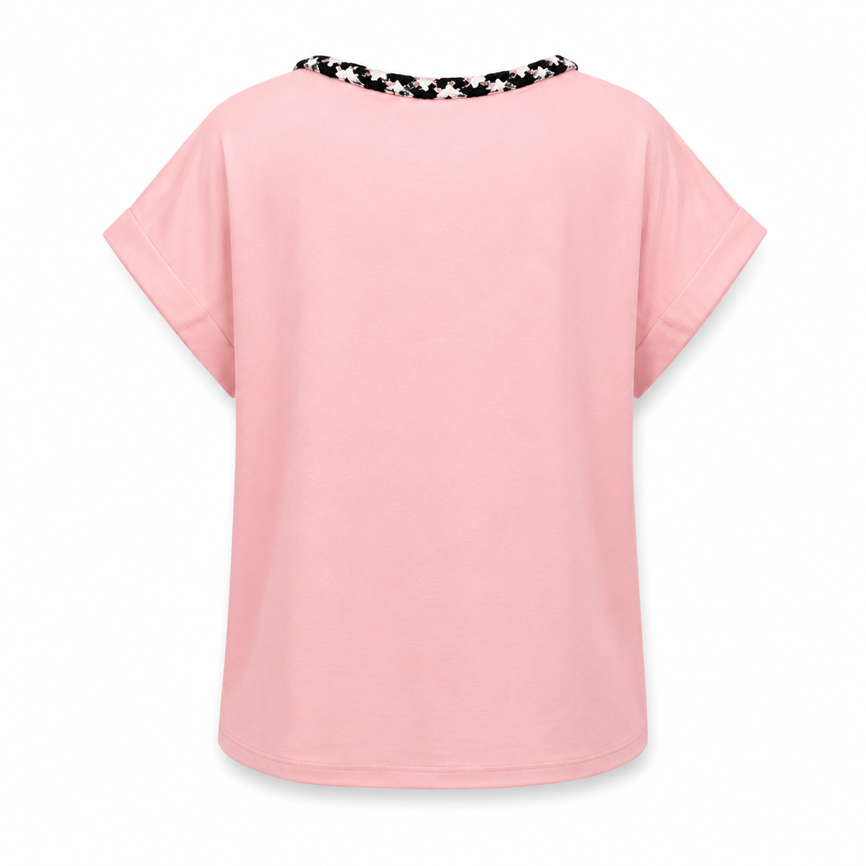 Tricou roz din bumbac cu guler decorativ si buzunar aplicat