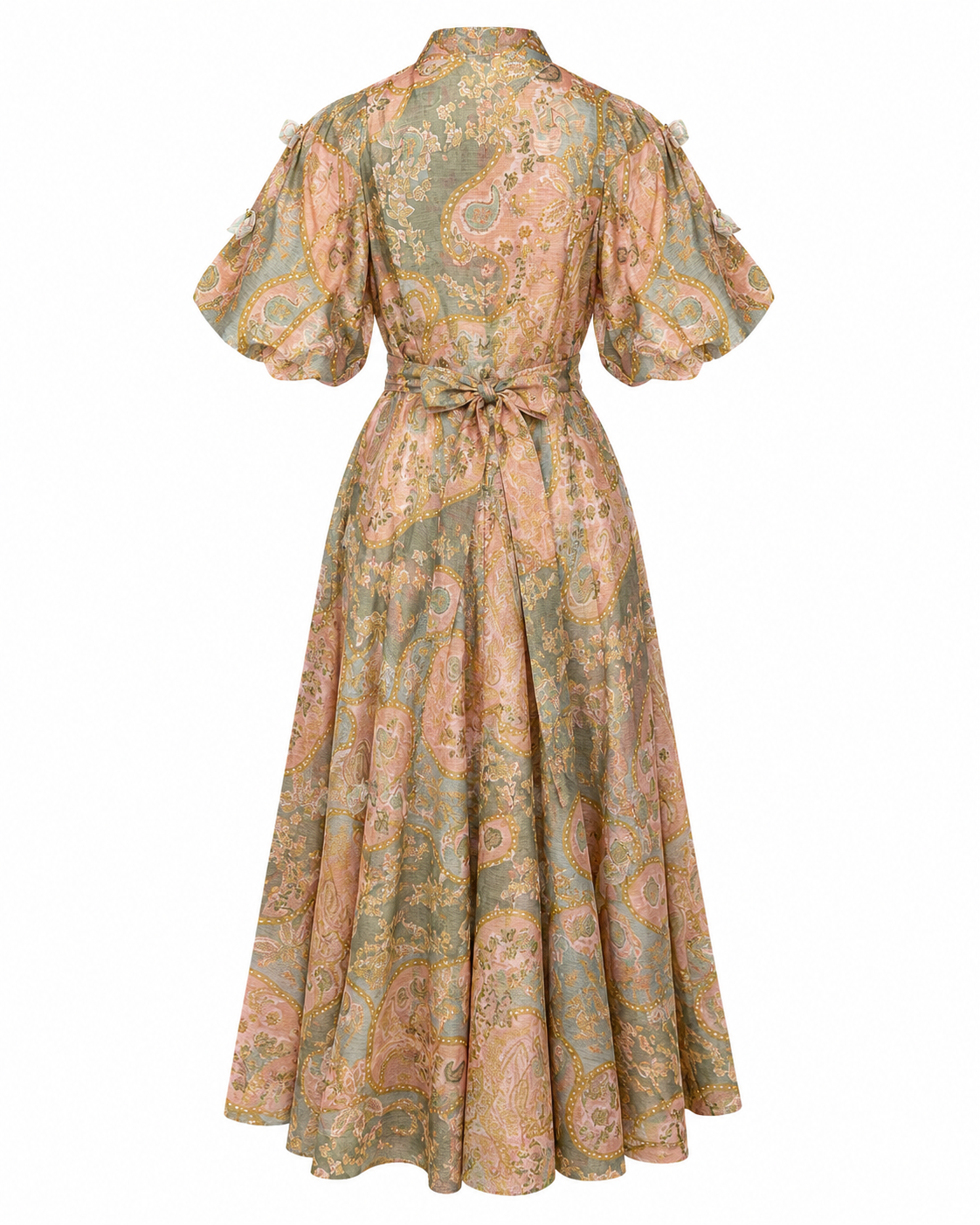 Rochie din in cu imprimeu floral vernil si maneci bufante