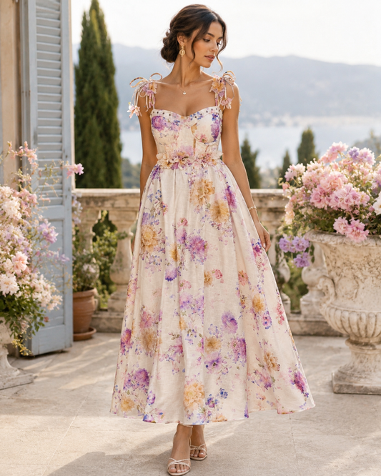 Rochie lunga florală din in cu corset și bretele reglabile