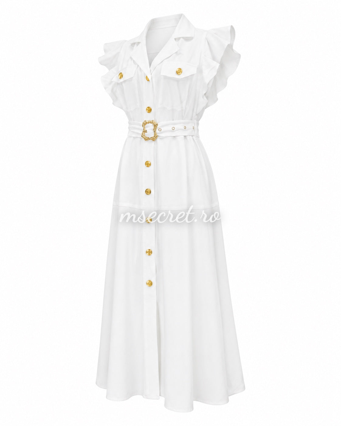Rochie alba midi cu volane si cordon