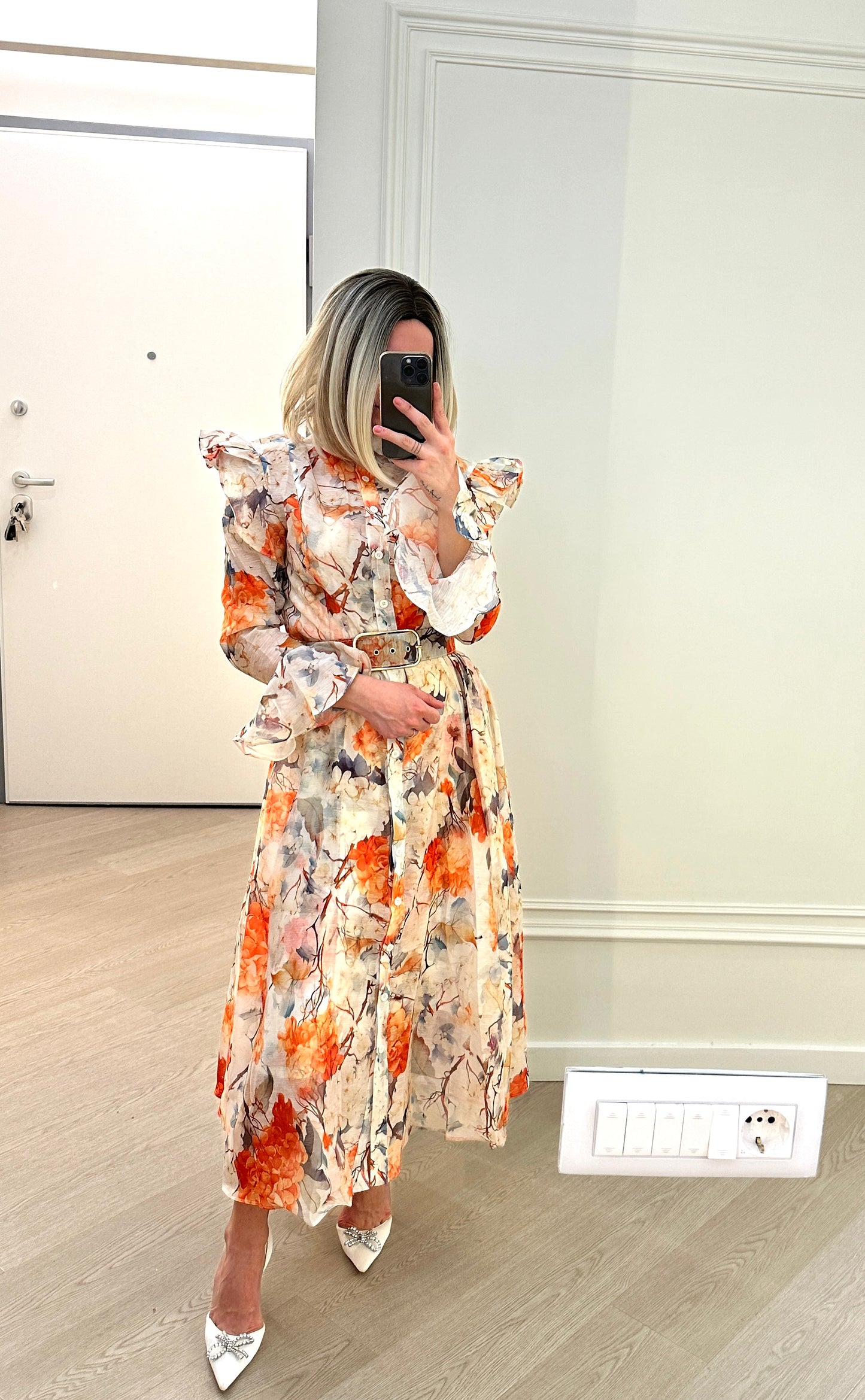 Rochie din in si matase cu flori portocalii