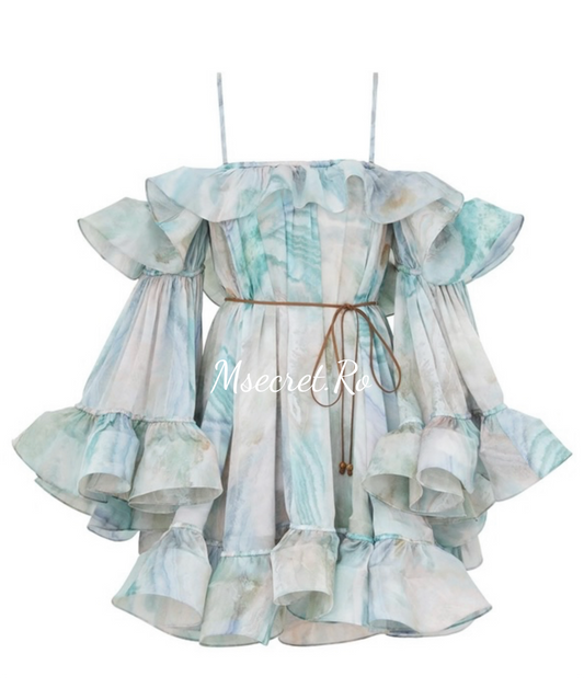 Rochie din in blue superba cu volane