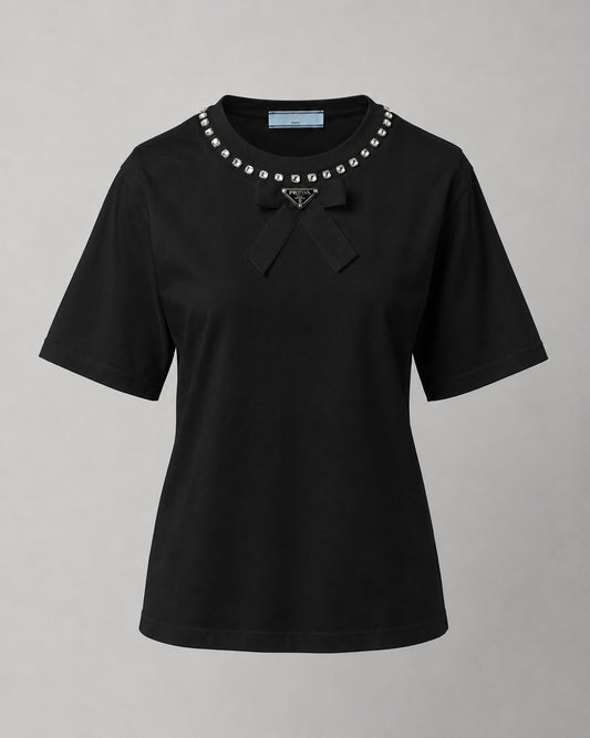 Black cotton t-shirt with a bow