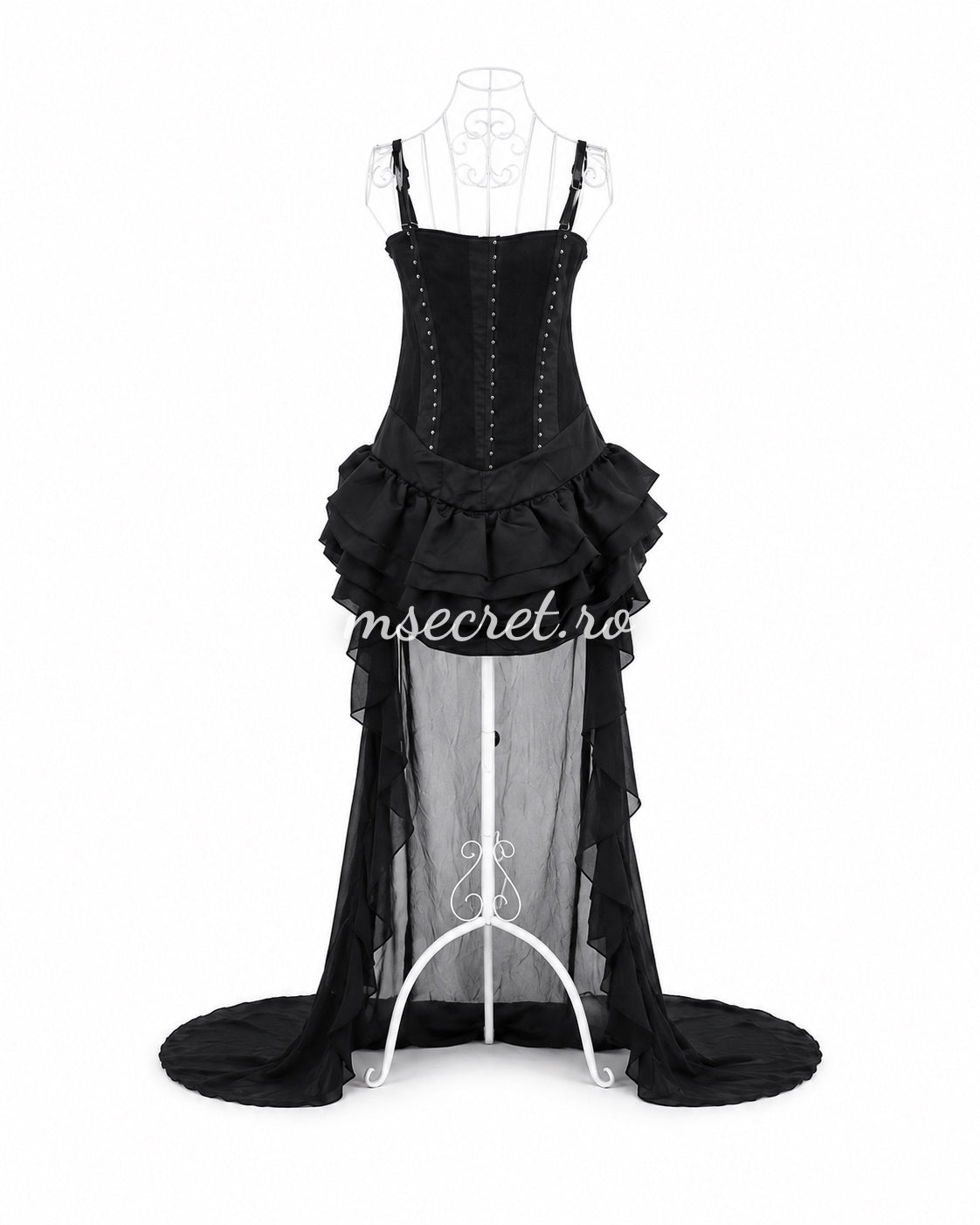Rochie neagra spectaculoasa tip corset, cu volane si trena din voal transparent