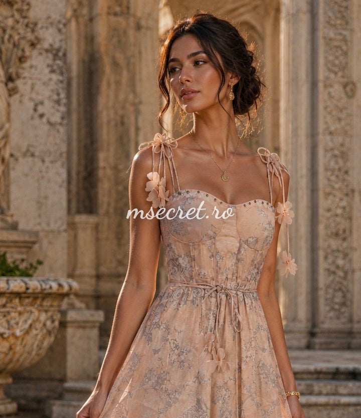 Long beige linen dress with corset and adjustable straps