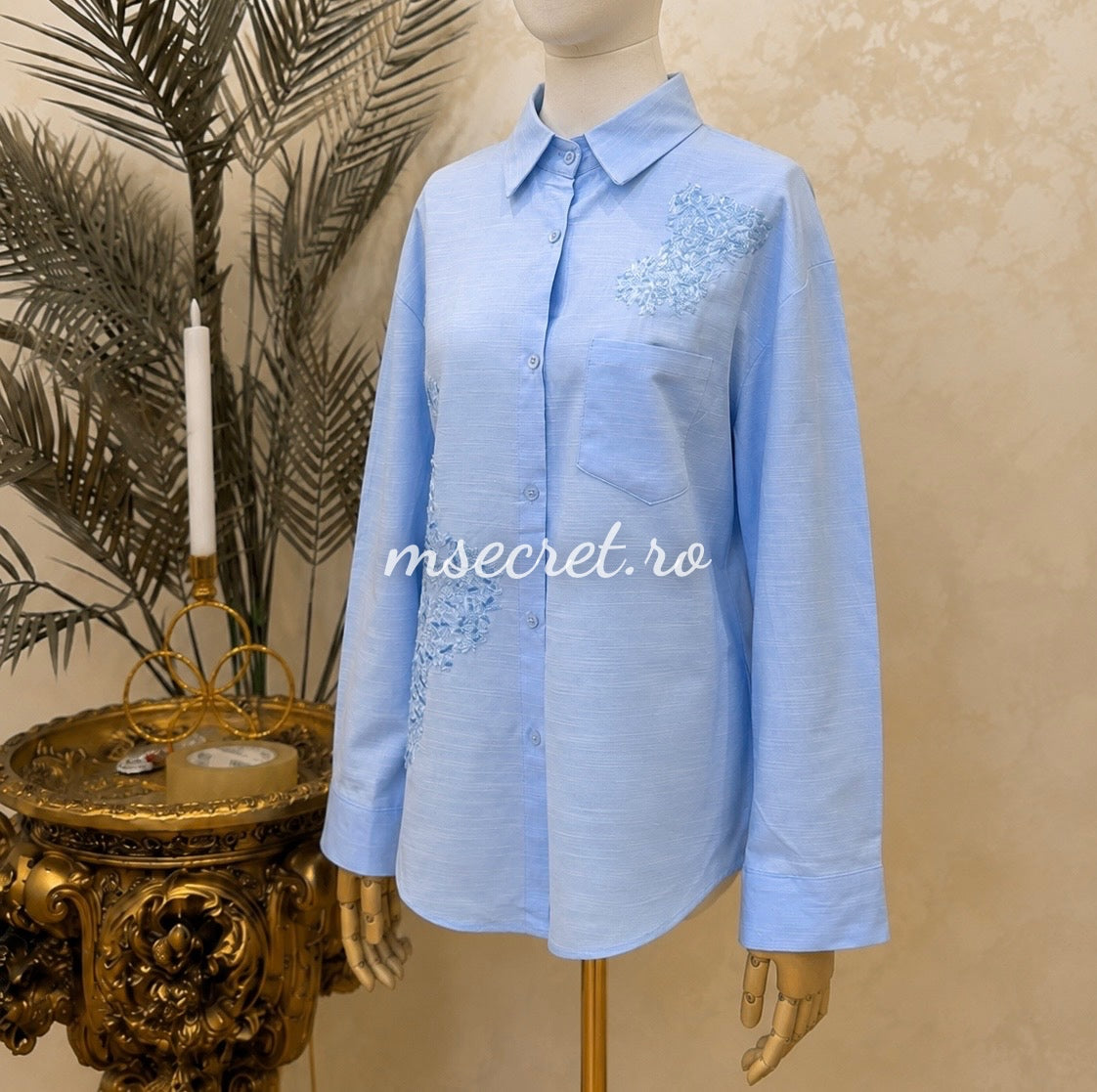 Compleu din in bleu cu broderie camasa si pantaloni largi