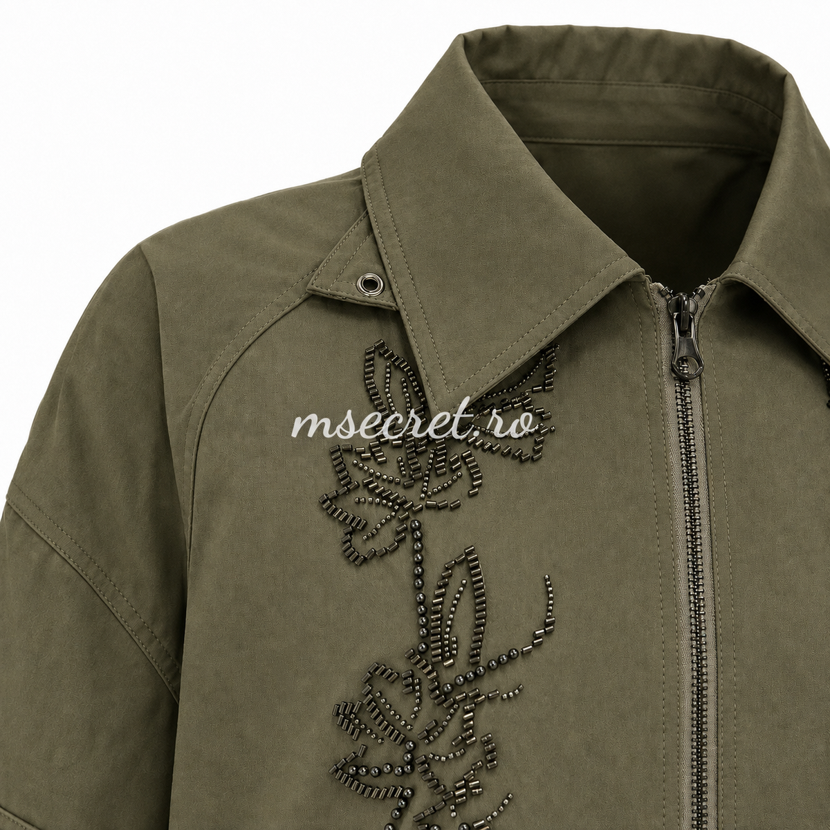 Jacheta olive din tercot cu broderie si peplum