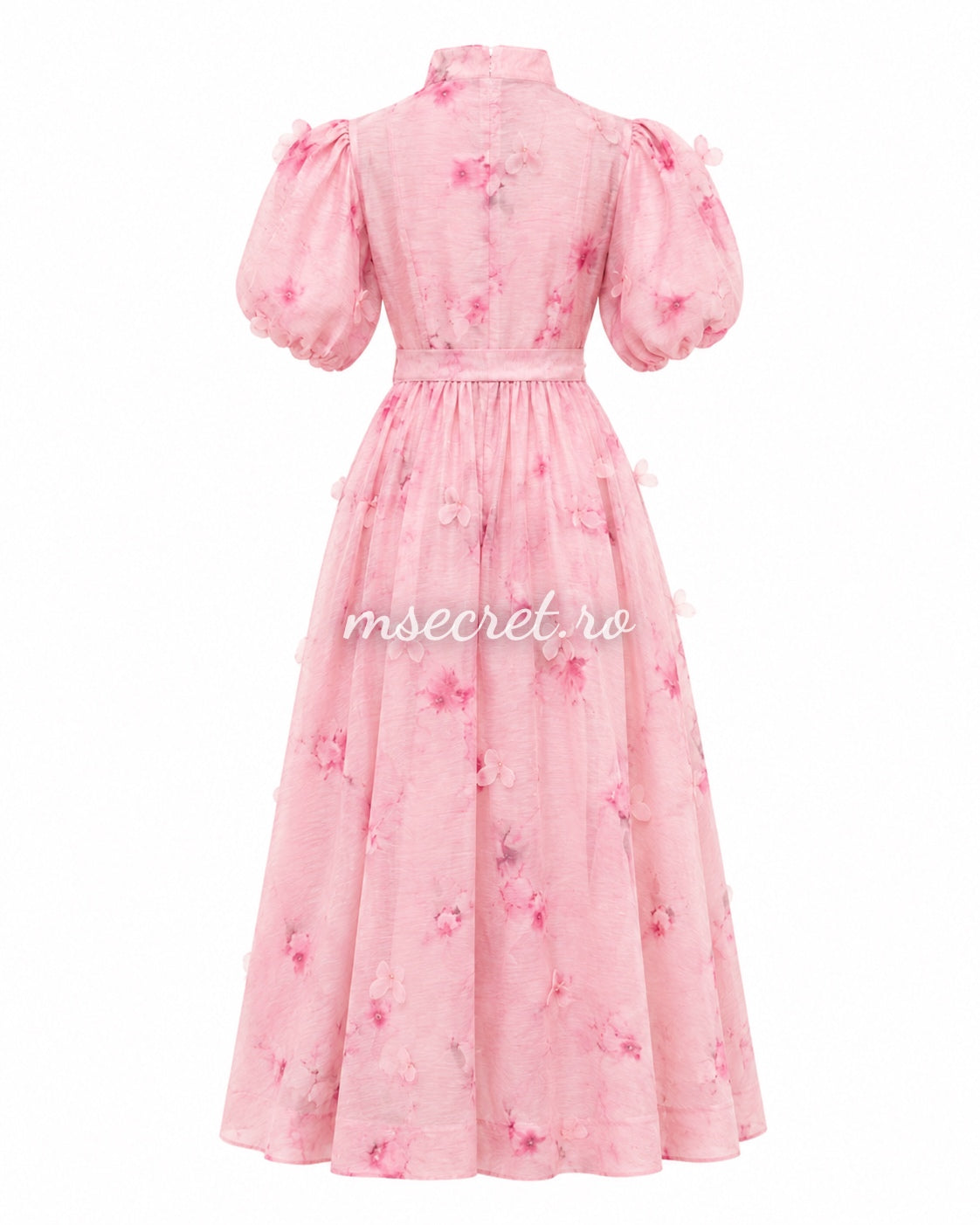 Rochie din in cu imprimeu floral roz si maneci bufante