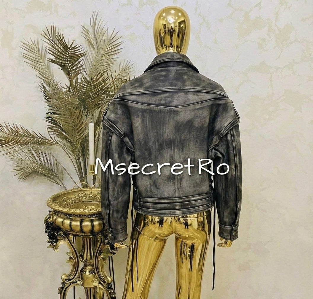 Premium gray genuine leather biker jacket, vintage effect