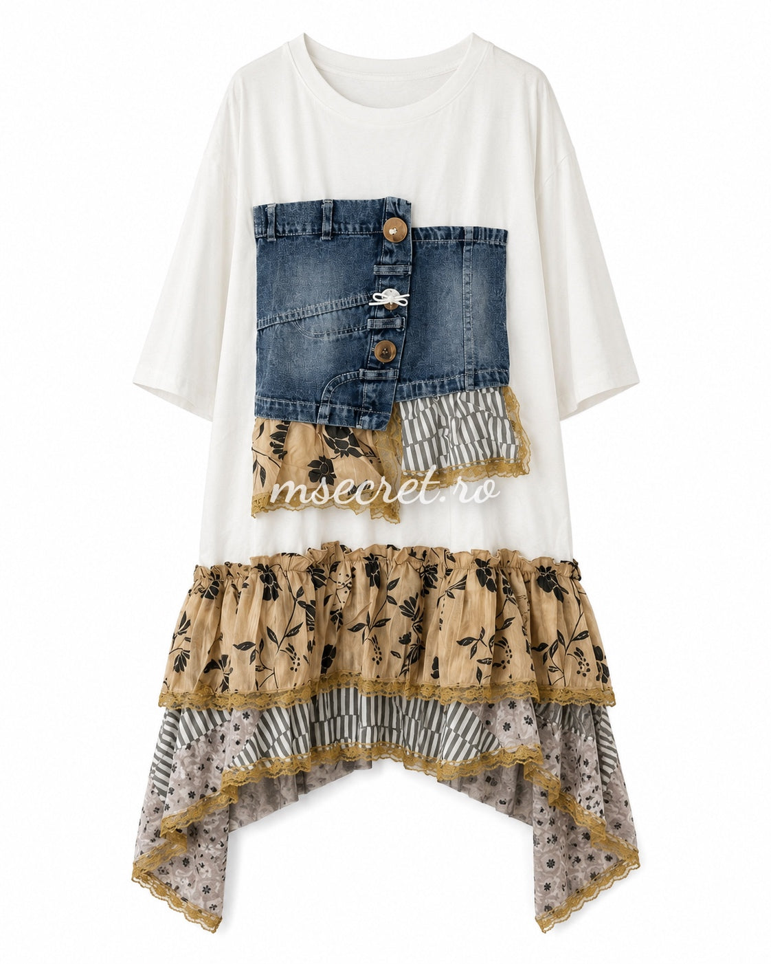 Rochie tip tricou cu denim si volane asimetrice