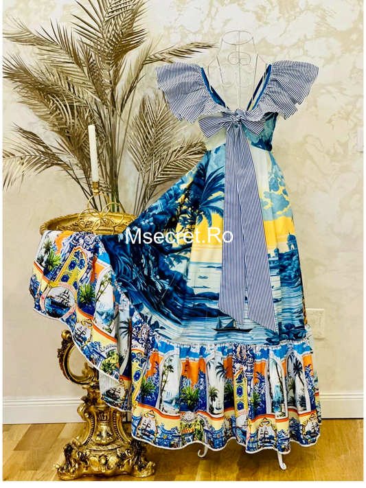 Rochie maxi cu imprimeu marin și fundă supradimensionată