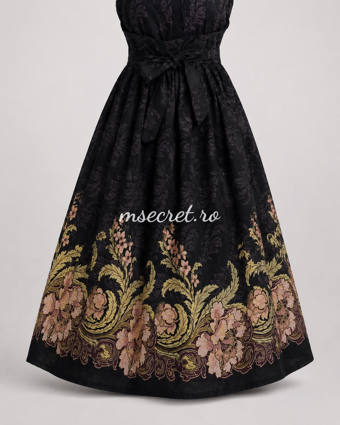 Rochie midi din in neagra cu imprimeu floral