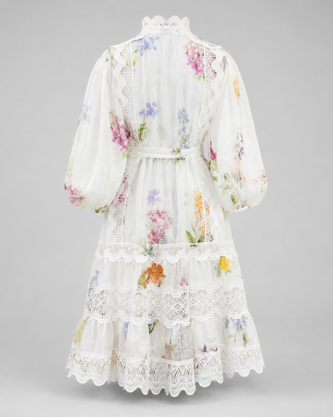 Rochie alba din in cu imprimeu floral si broderie decorativa