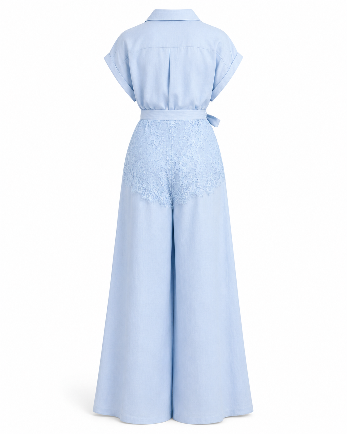 Compleu blue din in cu pantaloni largi, top fara maneci si dantela