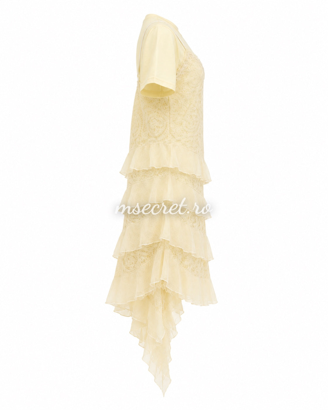 Pale yellow cotton dress with lace overlay and ruffles