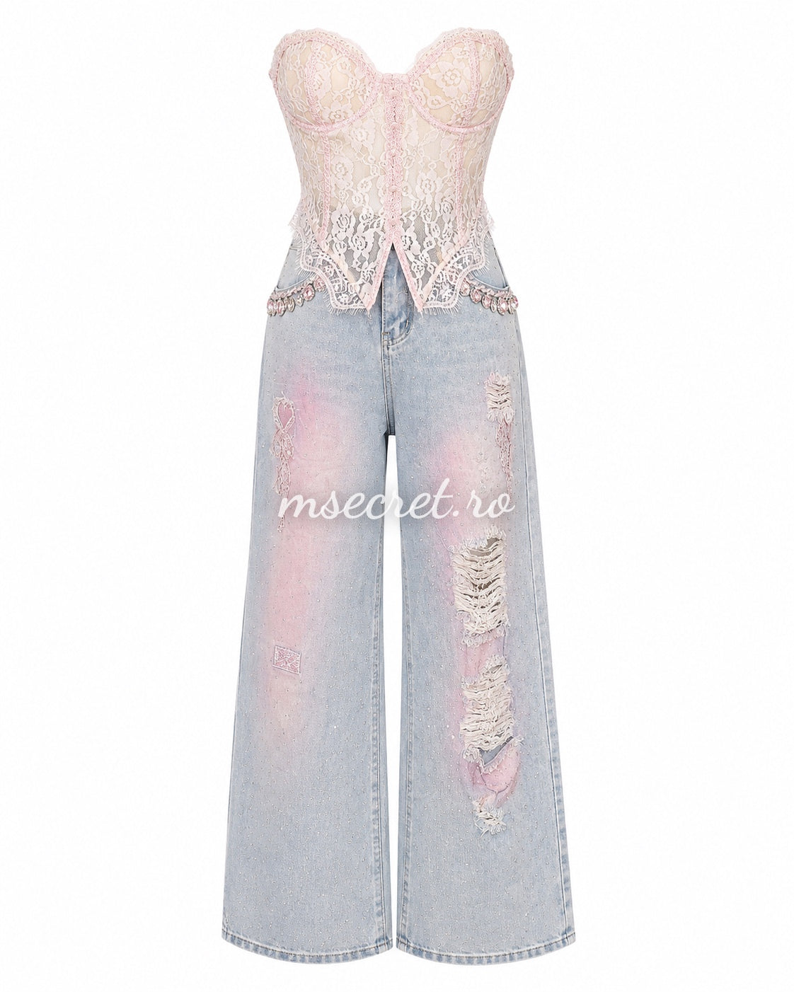 Blugi wide leg cu pietre si insertii roz decorative