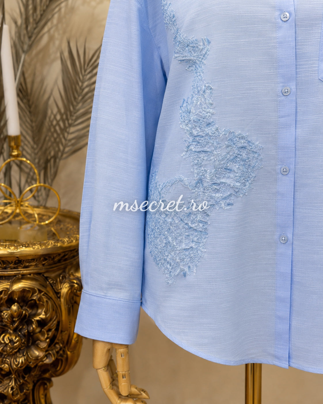 Compleu din in bleu cu broderie camasa si pantaloni largi