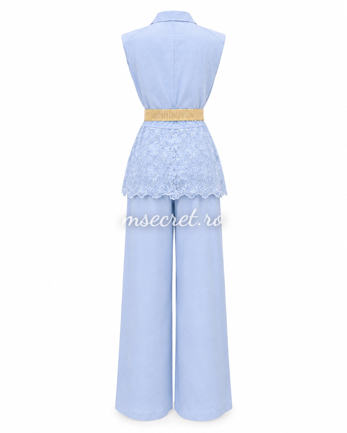 Compleu blue din in cu pantaloni largi si dantela