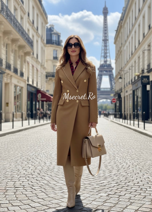 Palton camel elegant cu nasturi aurii, croială tip sacou