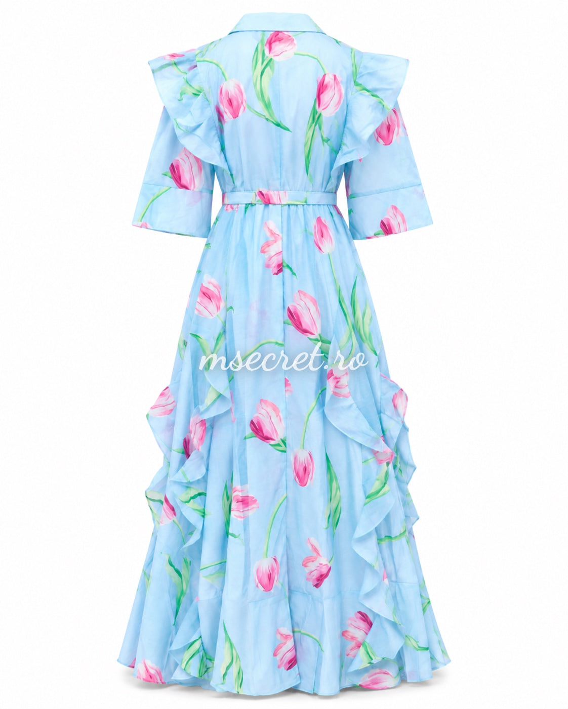 Rochie din in blue cu print floral si volane