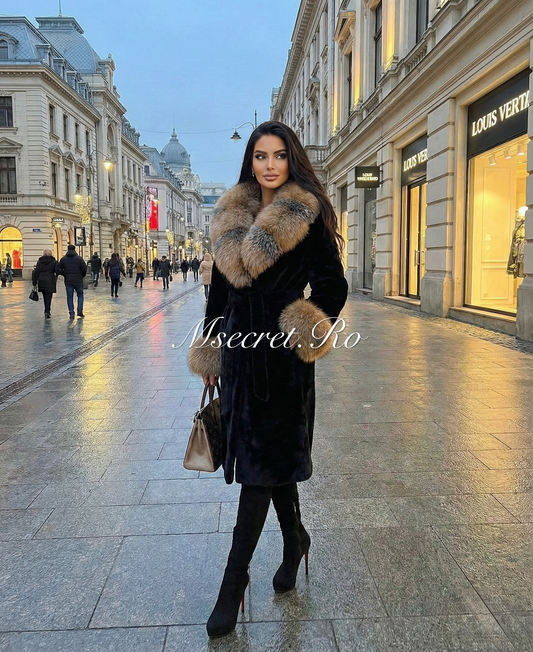 Black natural fox fur and Alcantara coat