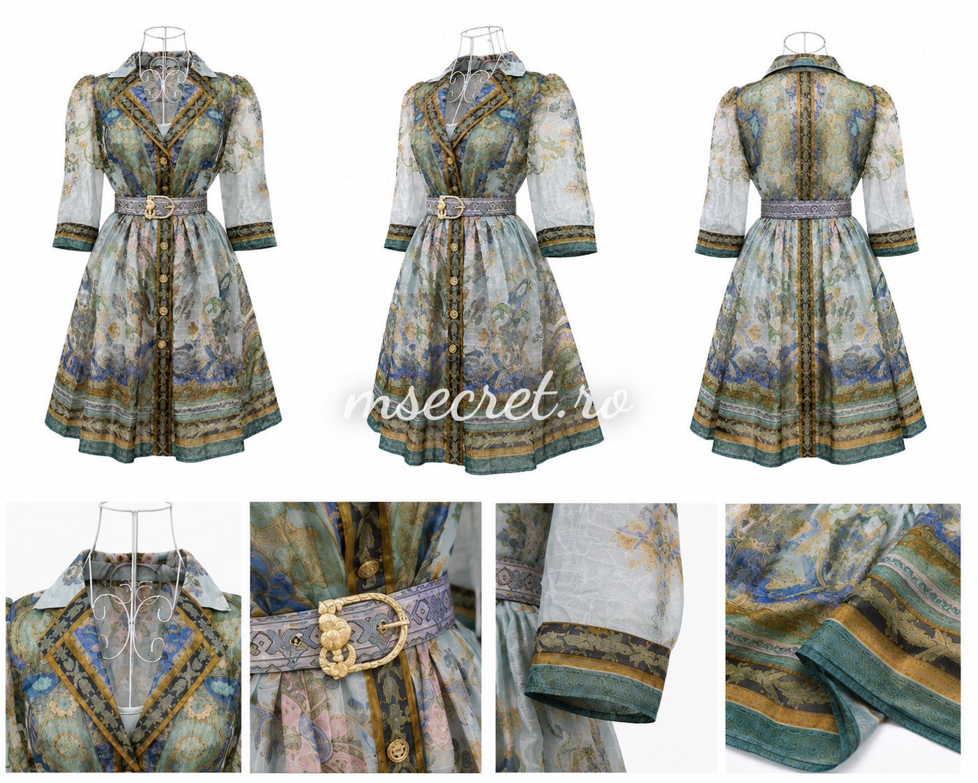 Rochie verde din in cu imprimeu floral