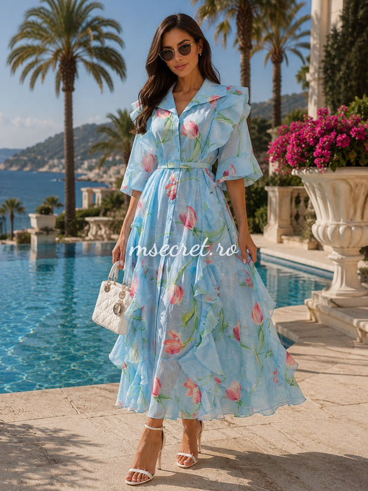 Rochie din in blue cu print floral si volane