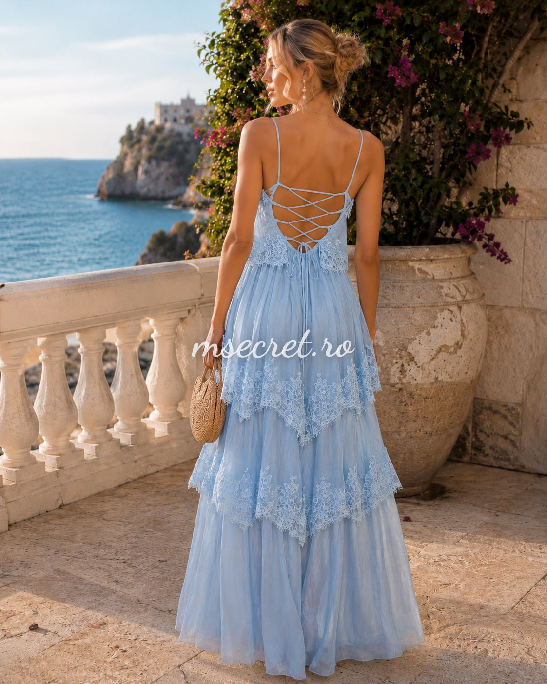 Rochie lunga blue cu volane si dantela romantica