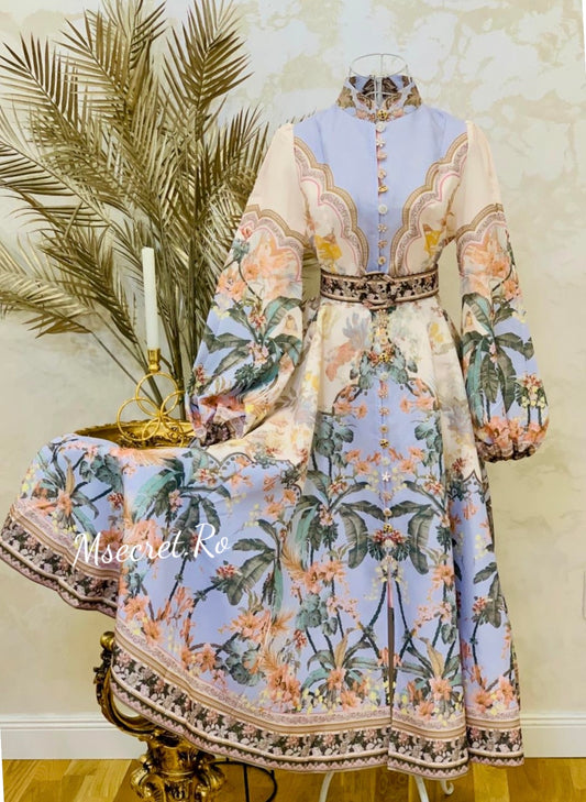 Rochie midi din in cu maneca lunga Palm
