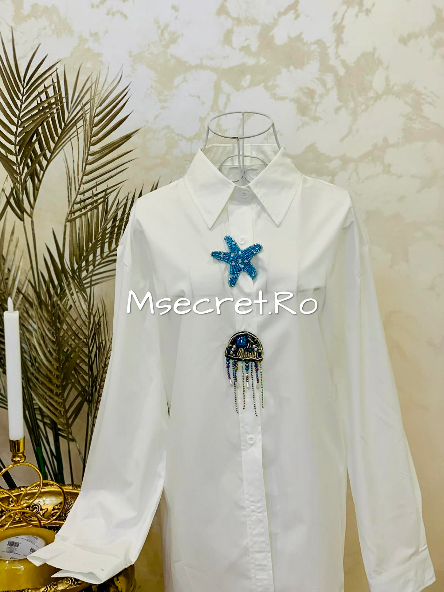 Camasa alba din bumbac cu detalii marine