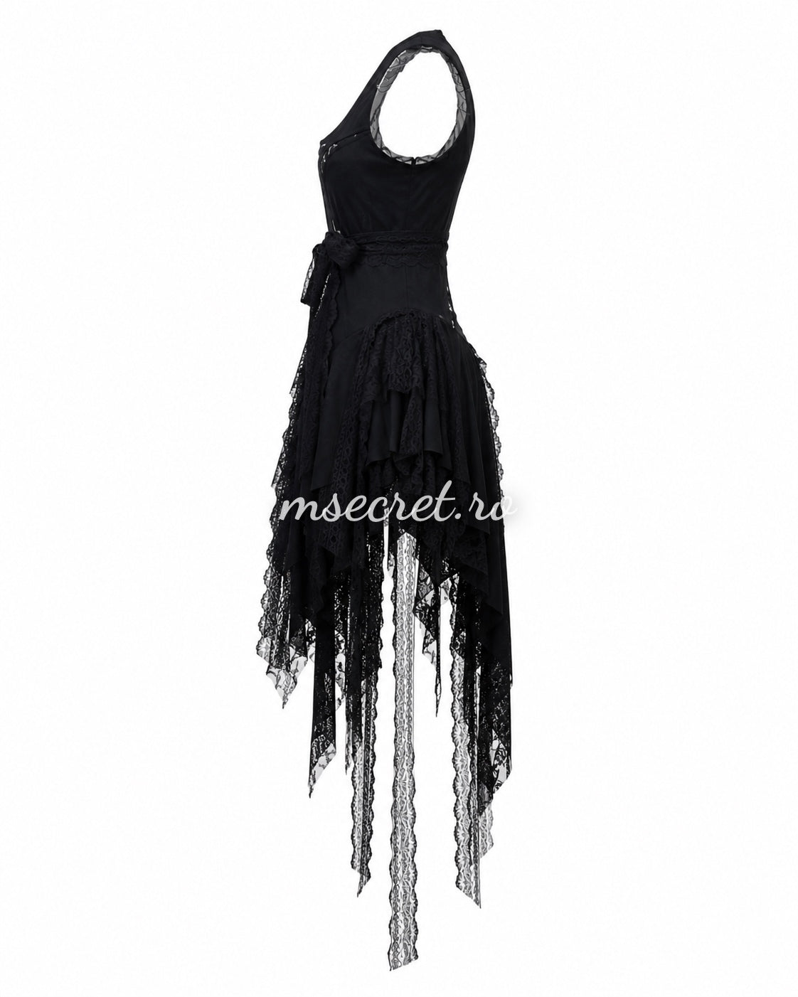 Tricou tip rochie negru asimetrica cu dantela si aplicatii tip panglici