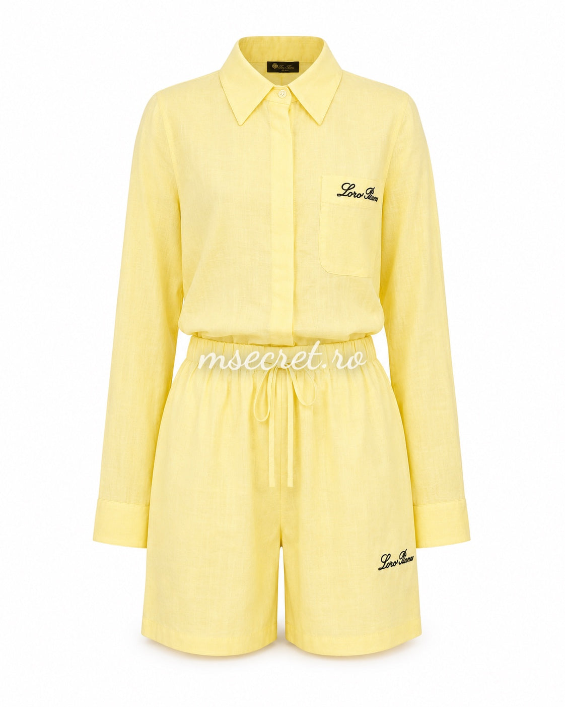 Compleu din in galben pastel cu camasa si pantaloni scurti