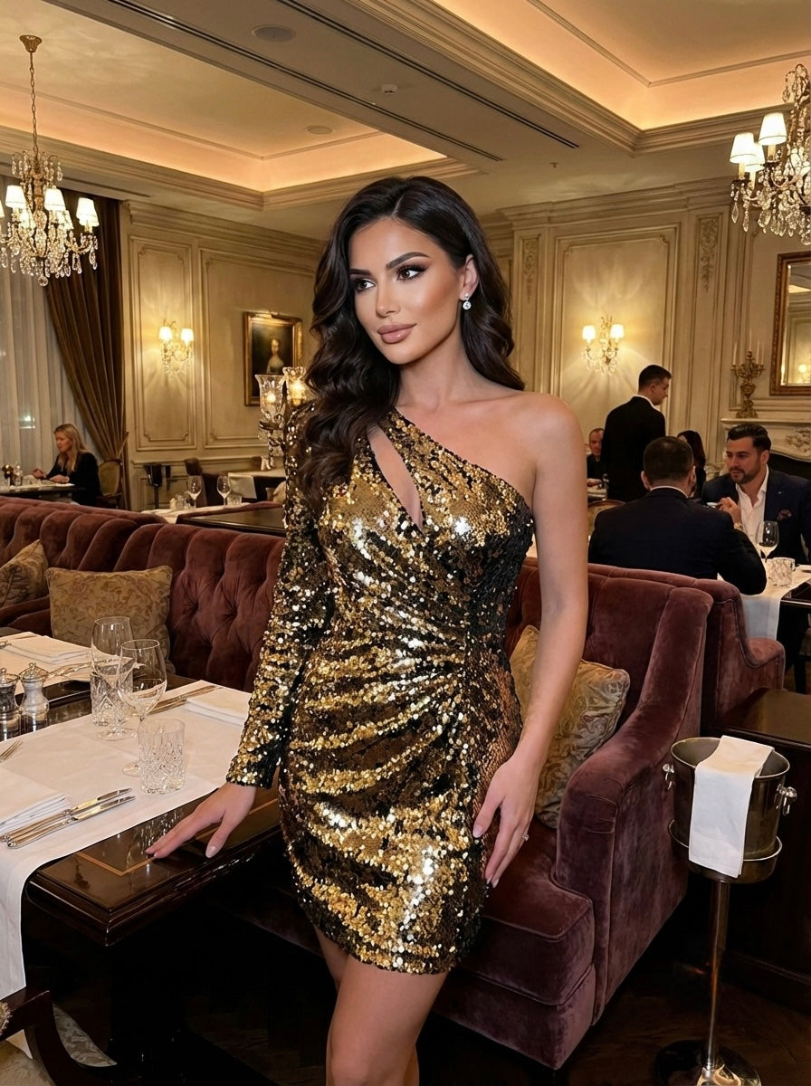 Black and gold sequined dress