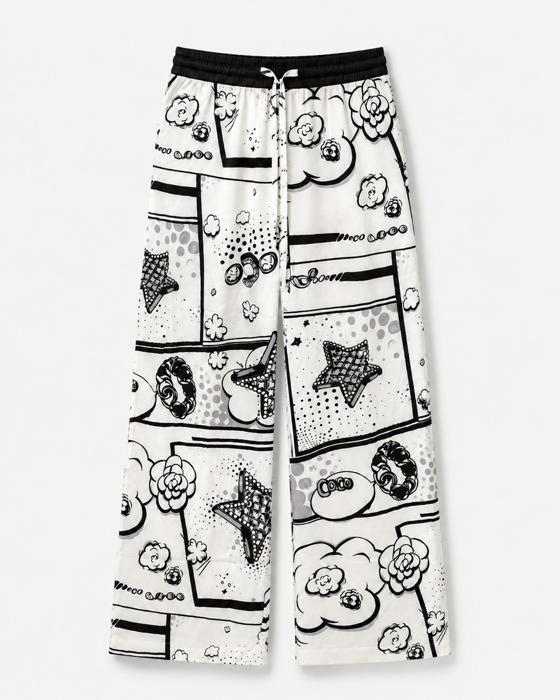 Pantaloni albi lungi din satin cu imprimeu grafic